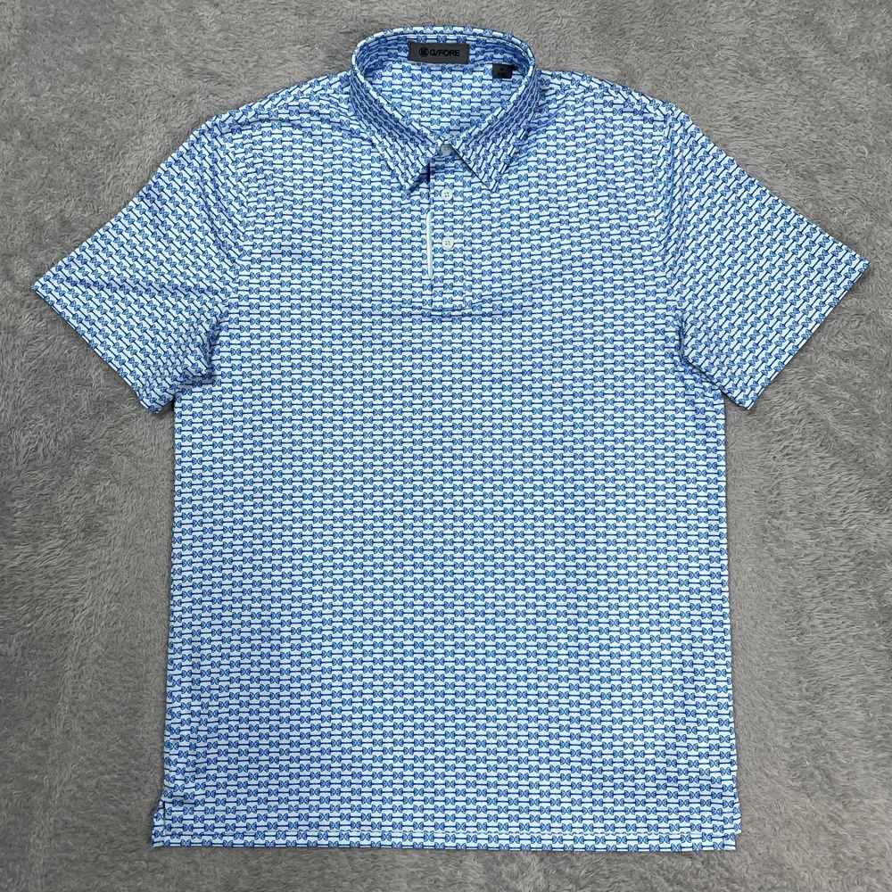 G/FORE Polo Shirt Mens M Blue Logo Graphic Golf Stretch Performance Jersey